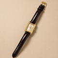 Gaiety Classic Gold Dial Watch | Rectangular Case & Leather Strap on a beige background.