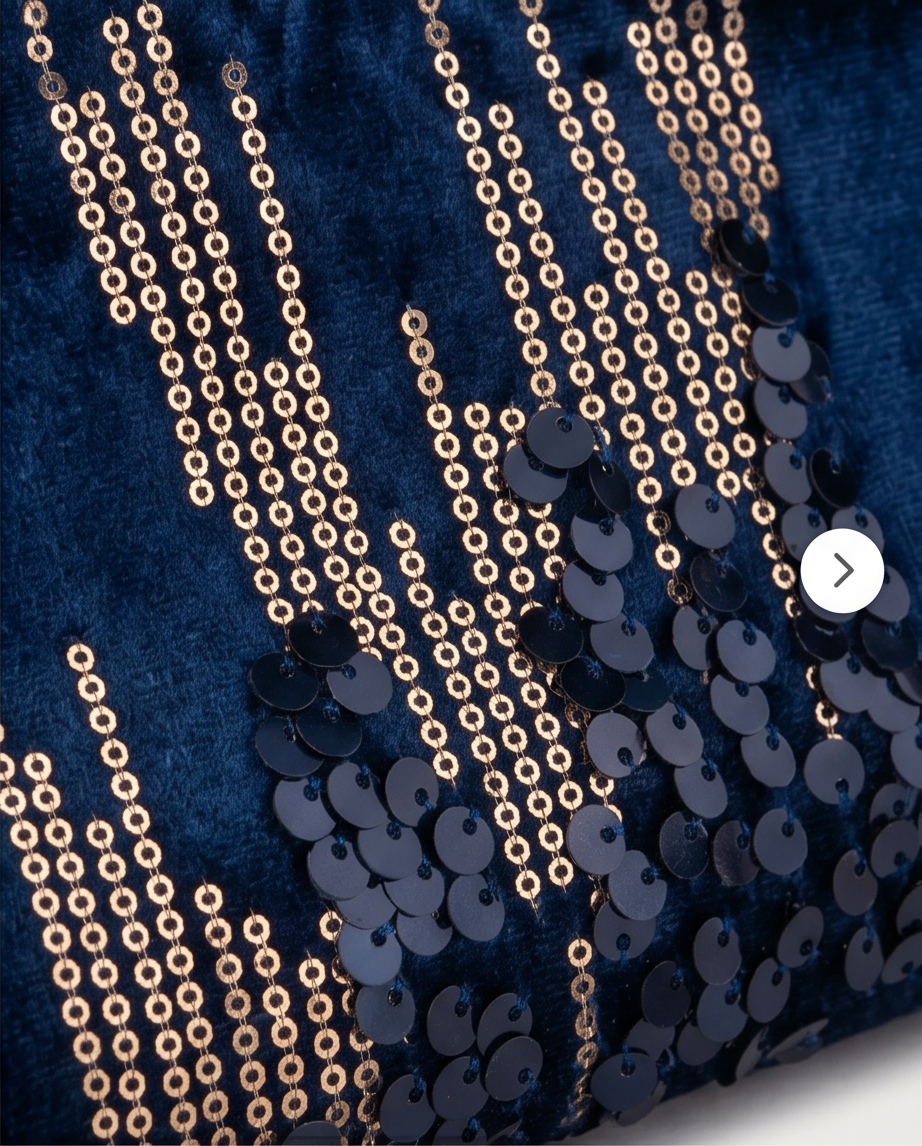 Luxury Sequined Clutch Bag: Midnight Glamour for Every Occasion with navy and gold sequins shimmering.