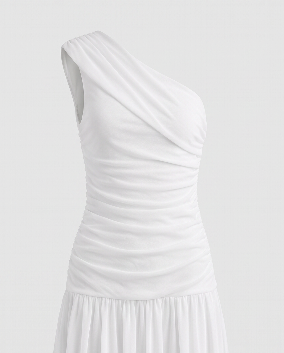 Elevate Your Style with Our Women's Holiday Maxi Dress in elegant white, featuring a one-shoulder and skew neckline design.
