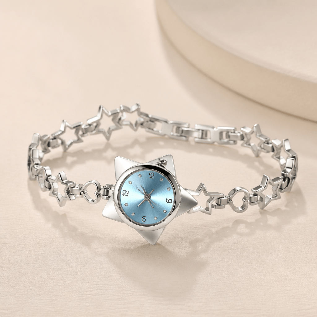 Celestial Star-Shaped Dress Watch | Crystal Rhinestone Timepiece on a soft background showcasing its unique star design.