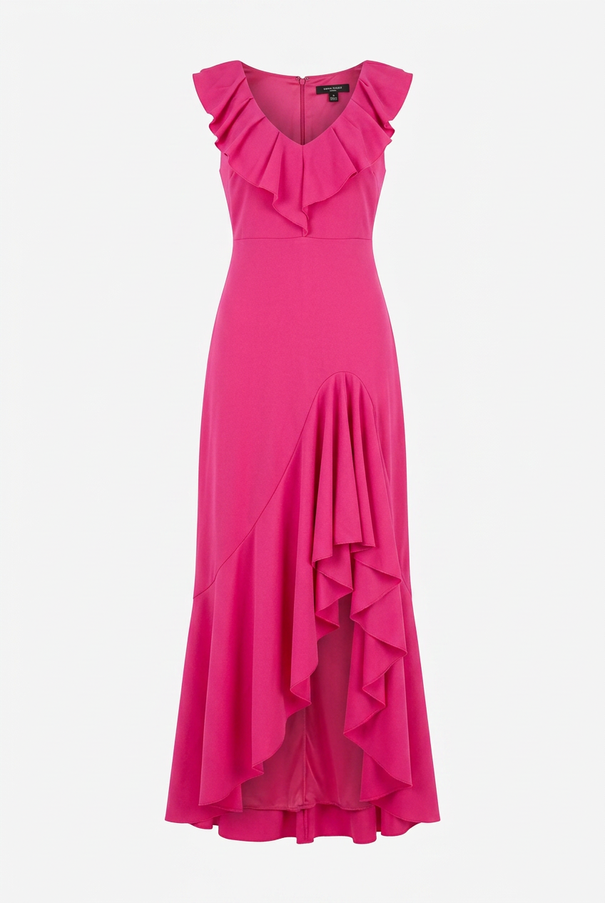 Women's Pink Ruffle V-Neck Midi Dress featuring elegant ruffles and a sophisticated silhouette.