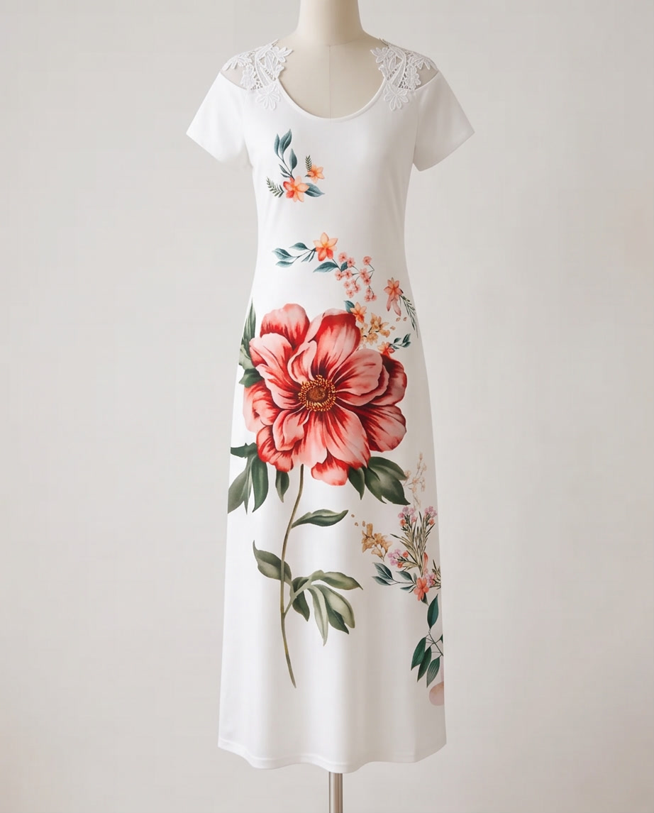 Floral Print Cold-Shoulder Lace-Trimming Maxi Dress featuring vibrant flower designs on a white background.