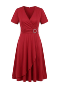O-Ring Buckle Faux-Wrap Short-Sleeve Midi Dress in vibrant red with a stylish design and elegant silhouette.
