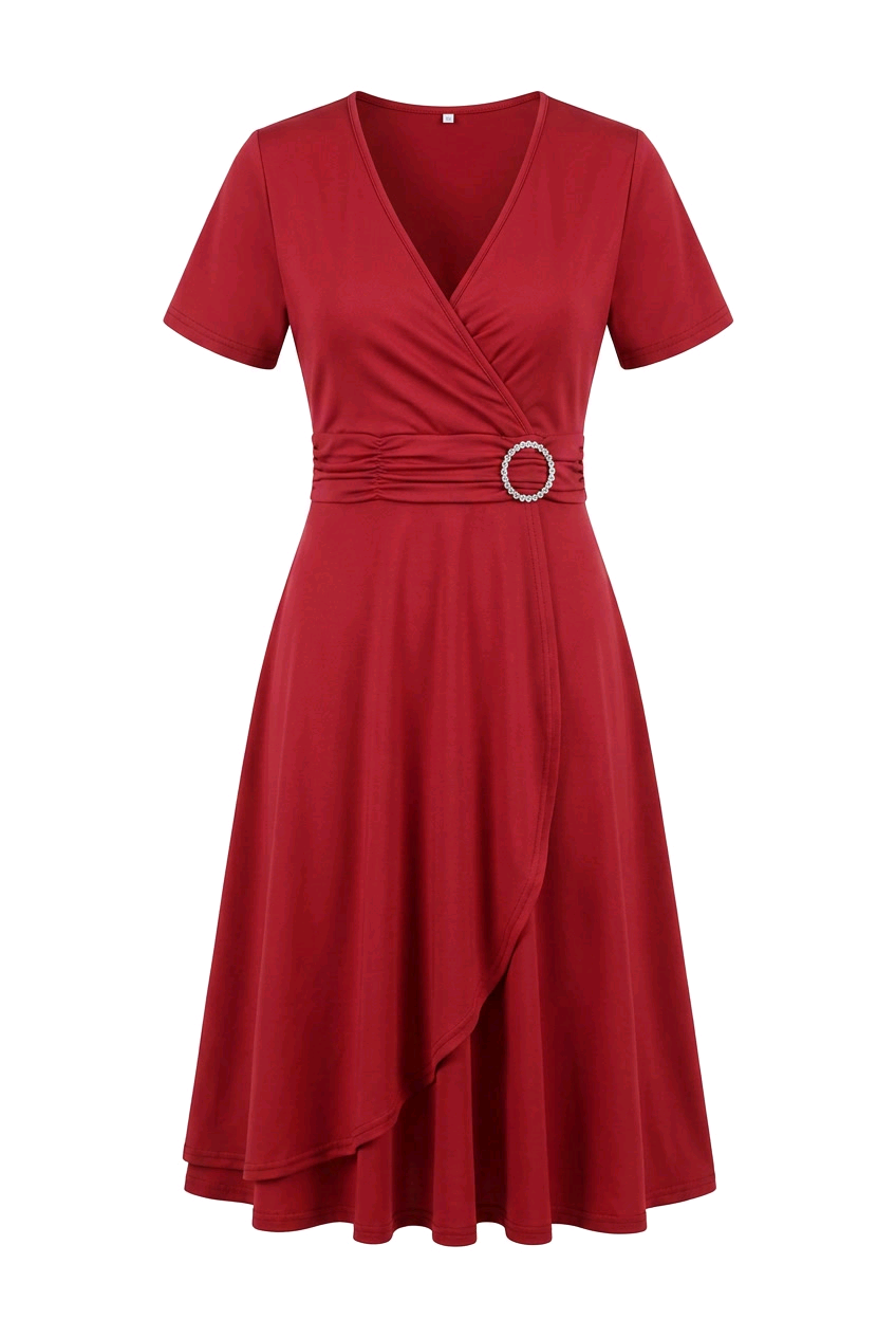 O-Ring Buckle Faux-Wrap Short-Sleeve Midi Dress in vibrant red with a stylish design and elegant silhouette.