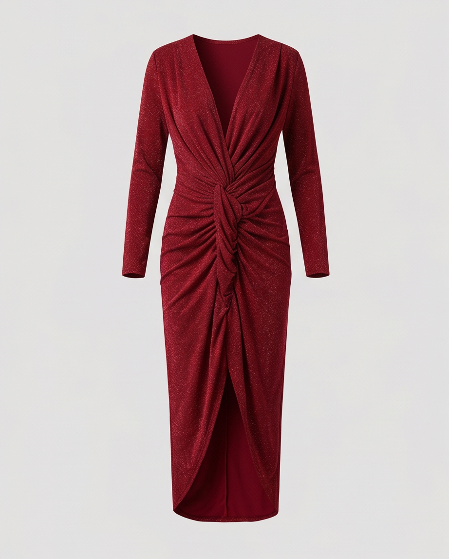 Crimson Shimmer Twisted Midi Dress