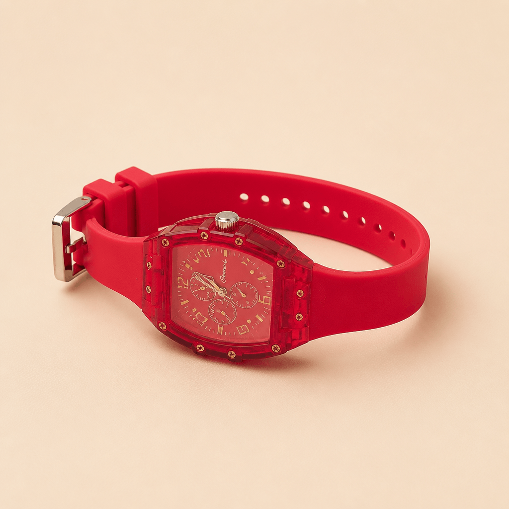 Translucent Tonneau Sports Watch | Unisex Silicone Chronograph-Style in red with silicone strap and chronograph dial.