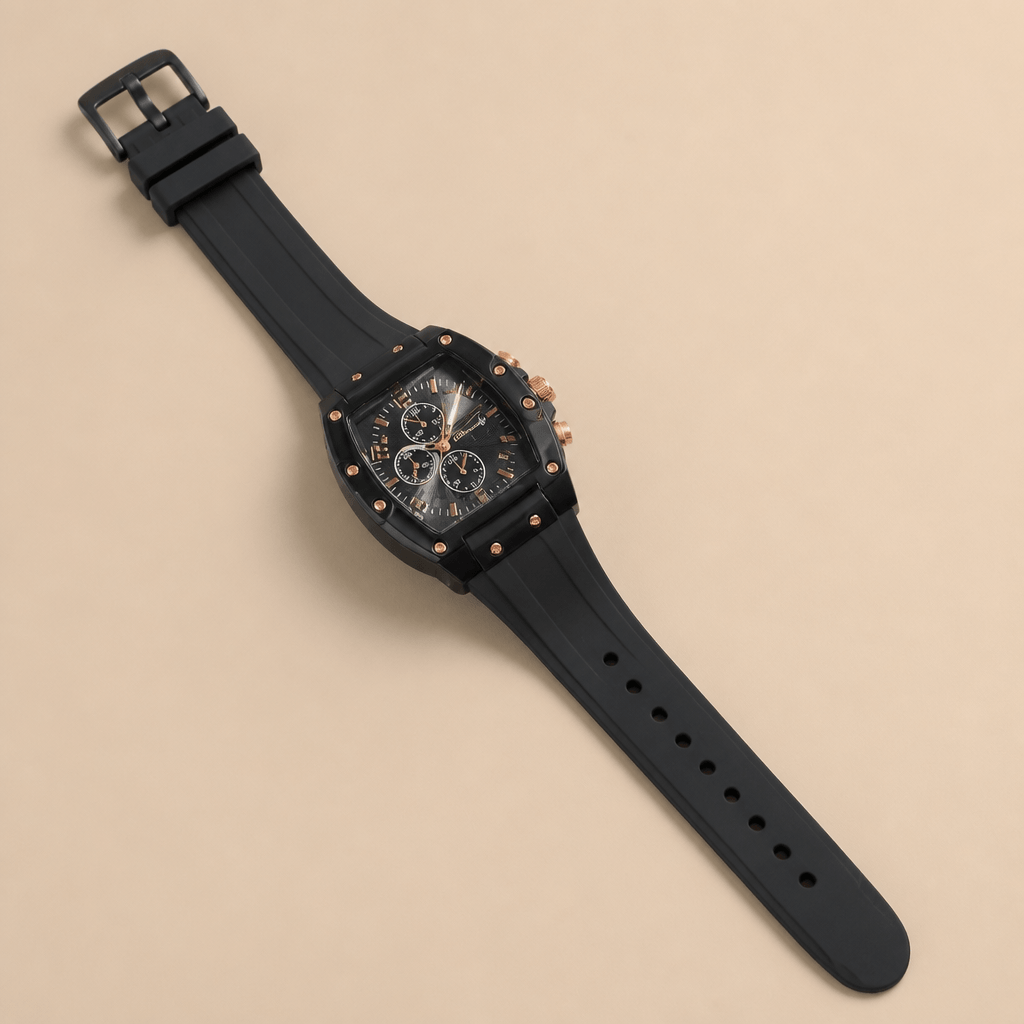 Translucent Tonneau Sports Watch | Unisex Silicone Chronograph-Style on a beige background.