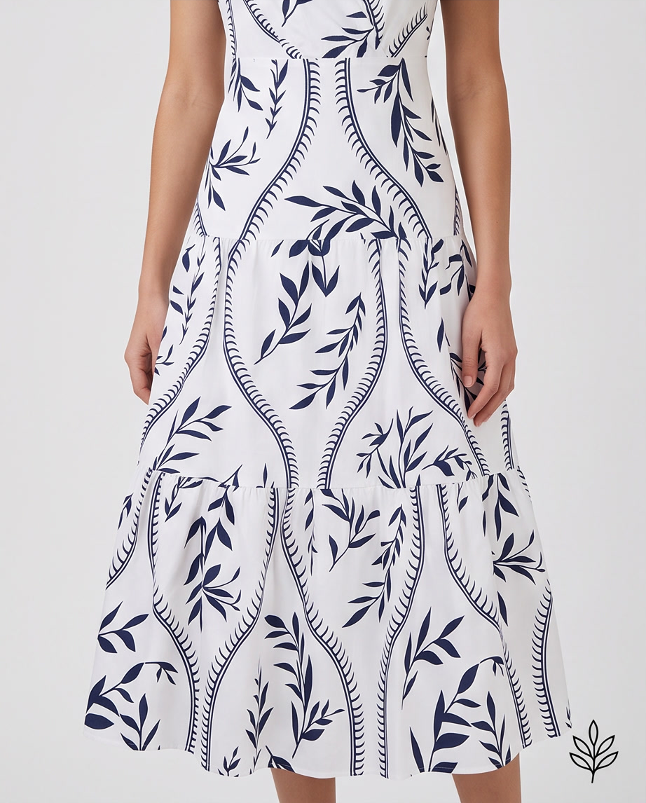 Leaf Print Tiered Maxi Dress featuring a stylish navy leaf pattern on a white background.