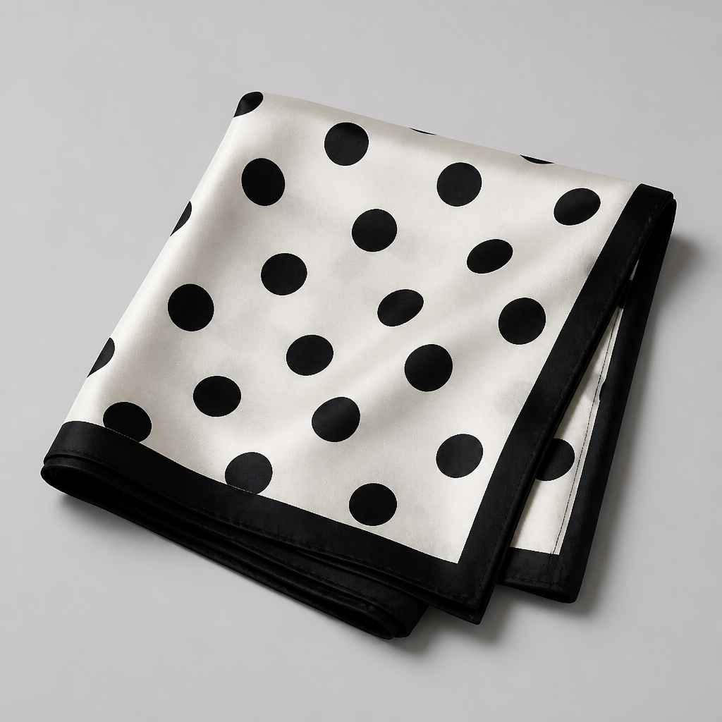 Polka Dot Silk-Feeling Square hair scarf on a smooth surface showcasing its elegant design and polka dot pattern.